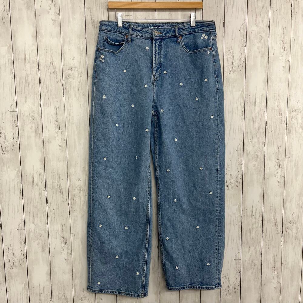 Old Navy Extra High-Waisted Wide-Leg Jeans Size 14 Light Wash Daisy Flower Print